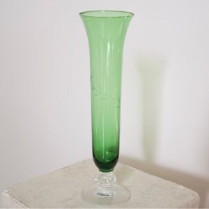Vintage Green Etched Glass Fluted Bud Vase Featuring Vine and Orb Circles